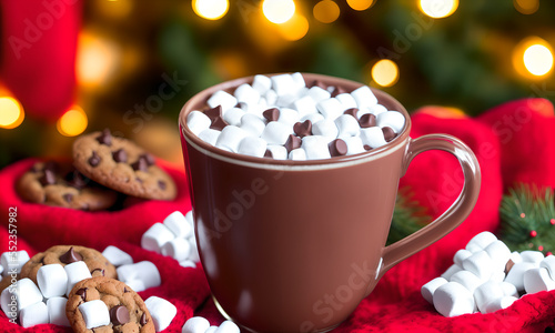  Hot chocolate with marshmallows and chocolate cookies during Christmas 
