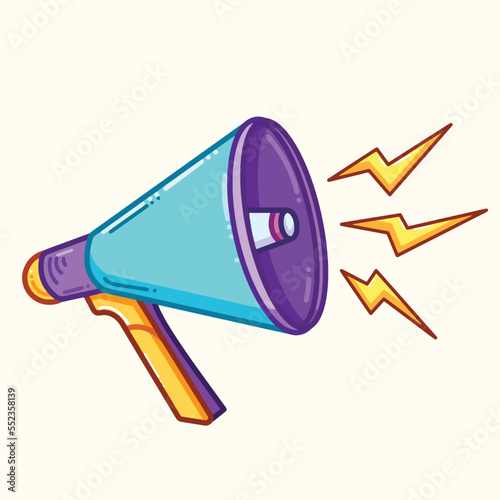 Colorful turquoise, purple, and yellow megaphone loud speaker Vector Illustration with Pop Color. Cartoon flat art style icon. Modern drawing with plain background isolated.