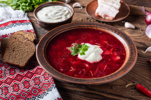 red borscht with beetroot tomato and meat photo