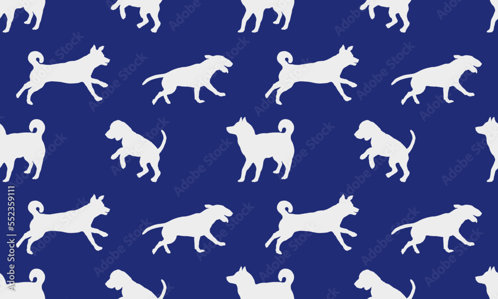 Silhouette dogs in various poses isolated on blue background. Seamless pattern. Endless texture. Design for fabric, decor, wallpaper, wrapping paper, surface design. Vector illustration.