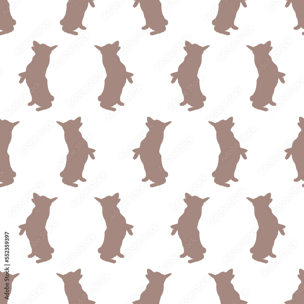 Pembroke welsh corgi puppy is standing on his hind legs. Seamless pattern. Dog silhouette. Endless texture. Design for wallpaper, fabric, template, surface design. Vector illustration.