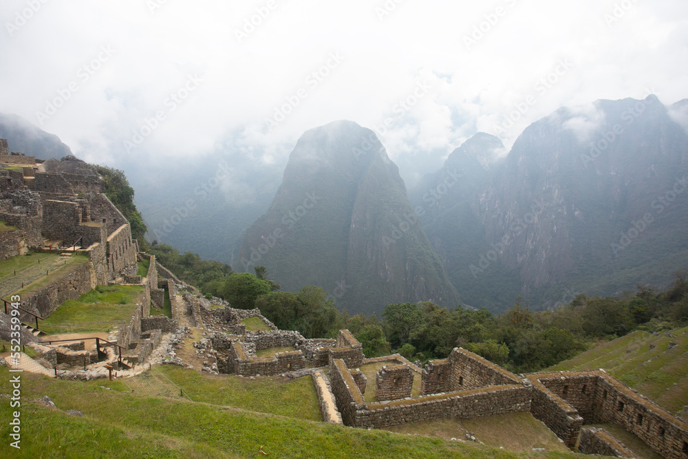 Details of the ancient Inca citadel of the city of Machu Picchu in the Sacred Valley of Peru.