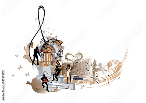 Coffee music. Abstract treble clef decorated with musicians and cafe window. Hand drawn vector illustration.
