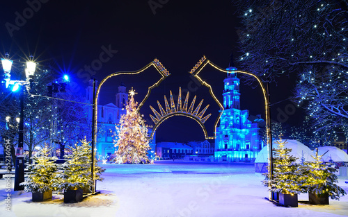 Amazing Kaunas Christmas tree, uniquely decorated Town Hall Square, Mikalojus Konstantinas Čiurlionis. photo