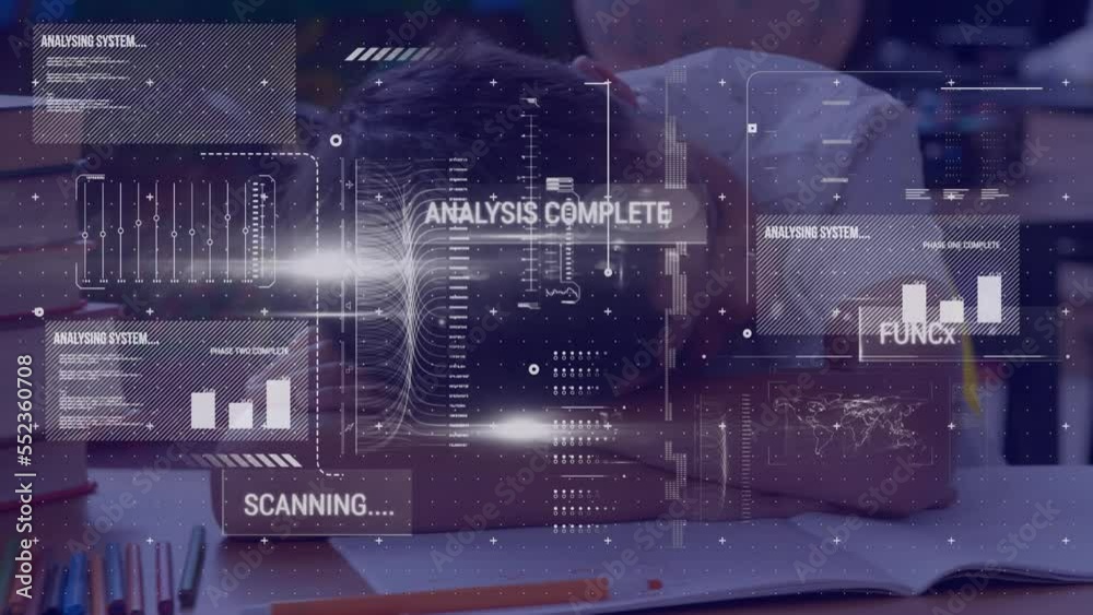 Animation of data processing over caucasian schoolboy in classroom Animation of data processing over caucasian schoolboy in classroom