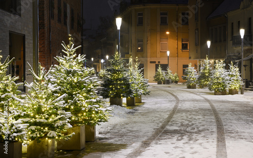 Amazing Kaunas Christmas tree, uniquely decorated Town Hall Square, Mikalojus Konstantinas Čiurlionis. photo