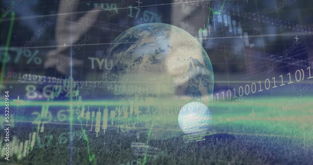 Animation of data processing and globe over golf player