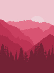 Foto auf Acrylglas Pantone 2023 Viva Magenta Abstract illustration of colorful mountain sunrise with sun  and forest decoration in shades of Viva Magenta  © anasztazia
