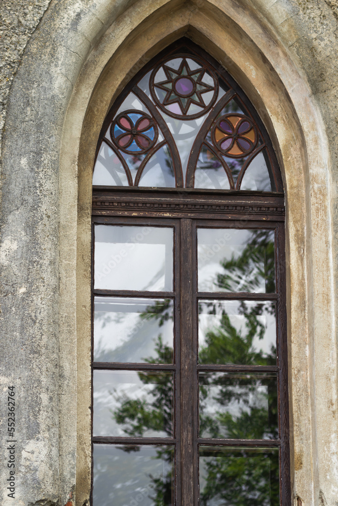 Window fragment with stained glass of Castle Rock Forest in the Lower Silesian Voivodeship on the Szczytnik hill, Poland