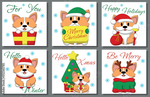 Set Christmas greeting card with cute welsh Corgi