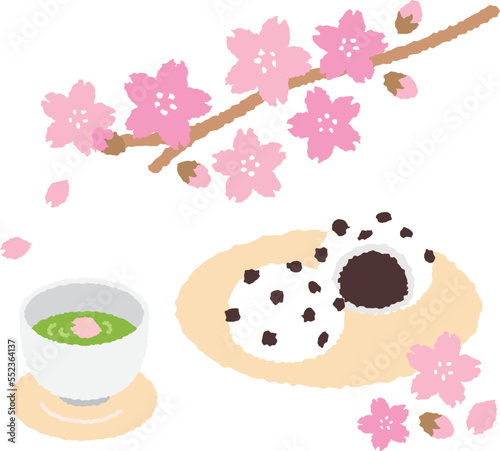 The scenery of seeing cherry blossoms called "Hanami" in Japan. With Japanese sweets and Japanese tea.