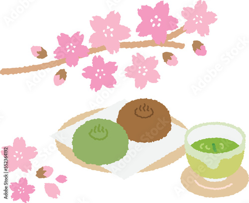 The scenery of seeing cherry blossoms called "Hanami" in Japan. With Japanese sweets and Japanese tea.
