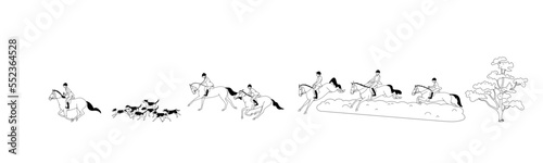 Black and white vector illustration of a fox hunt