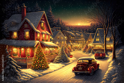 Illustration of Christmas village. Cute European Houses. Happy new year. Winter landscape. Generative AI