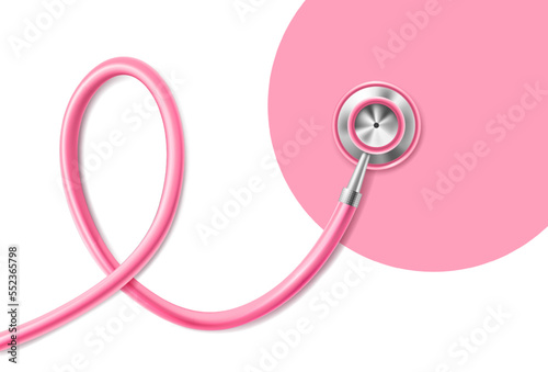 3d realistic icon. Breast cancer awareness concept. Medical stethoscope with heart banner. 