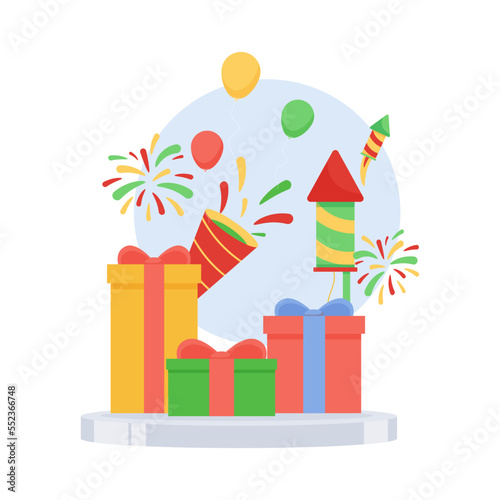 Gifts on podium and fireworks for New Year Celebration