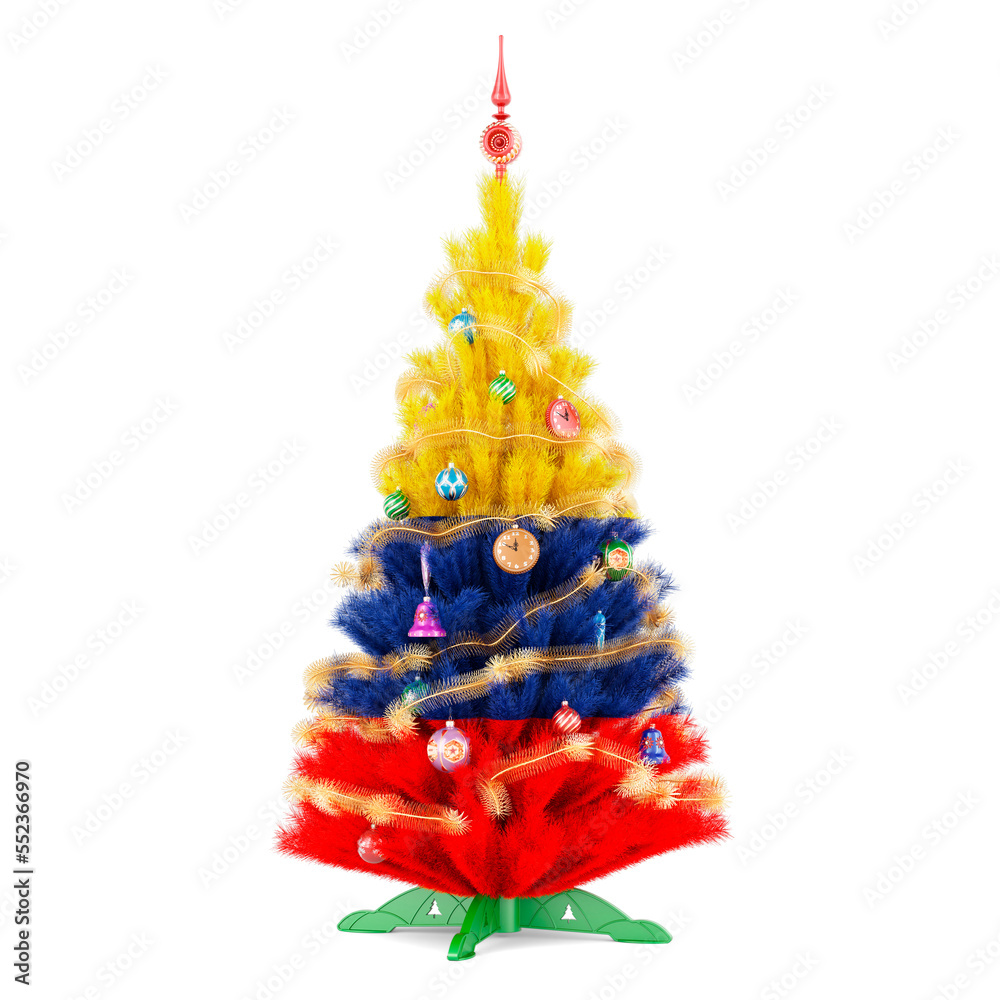 Colombian flag painted on the Christmas tree, 3D rendering
