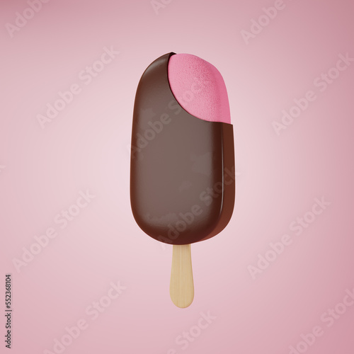 3D rendering strawberry ice cream covered with dark chocolate, Strawberry ice cream stick on pink background