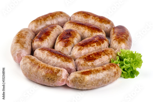 Grilled pork bangers, isolated on white background.