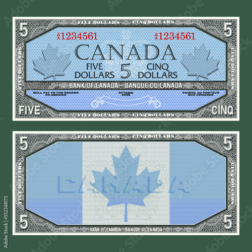 Vector vintage fictional Canadian money. Obverse and reverse of the gaming banknote with guilloche frame. The inscriptions in French mean five dollars and bank of Canada.
