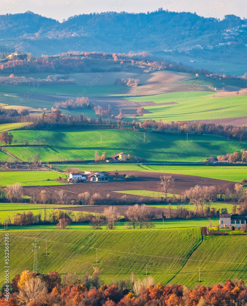 Winter panorama of the hilly area of Monferrato, taken from the viewpoint of the village of Treville (Piedmont, Northern Italy); is a famous winery area of Alessandria Province.