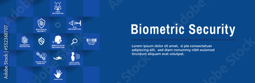 Biometric Scanning Web Banner with Icon Set-DNA, fingerprint, voice scan, tattoo barcode, etc