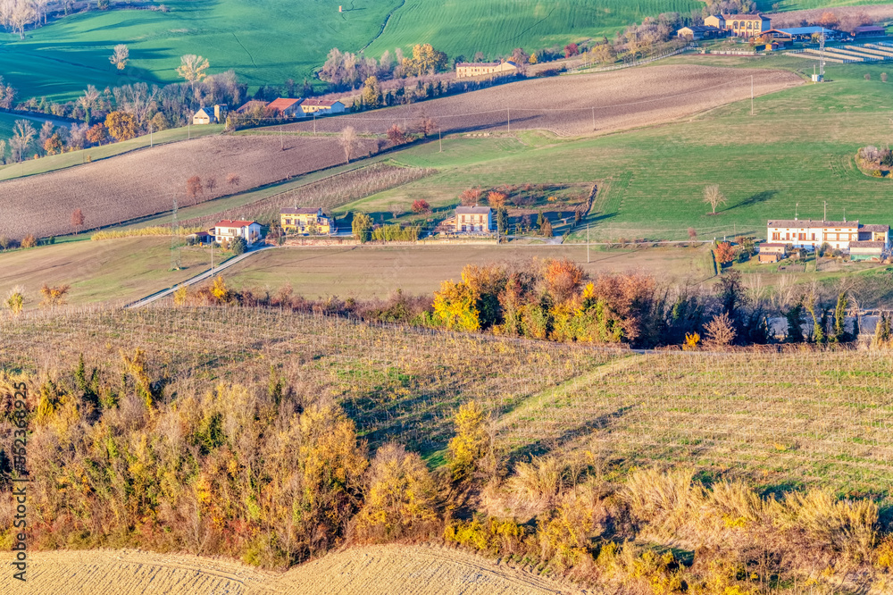 Winter panorama of the hilly area of Monferrato, taken from the viewpoint of the village of Treville (Piedmont, Northern Italy); is a famous winery area of Alessandria Province.