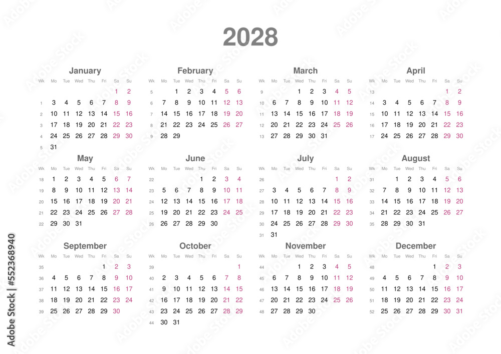 Kalender 2028, englisch, Querformat Kalender 2028, englisch, Querformat