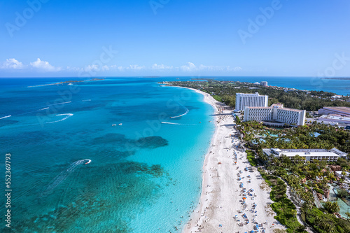 The drone aerial view of Cabbage beach, Paradise Island, Bahamas. © yujie