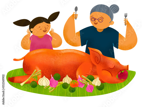Filipino grandmother and granddaughter eating lechon roasted pig