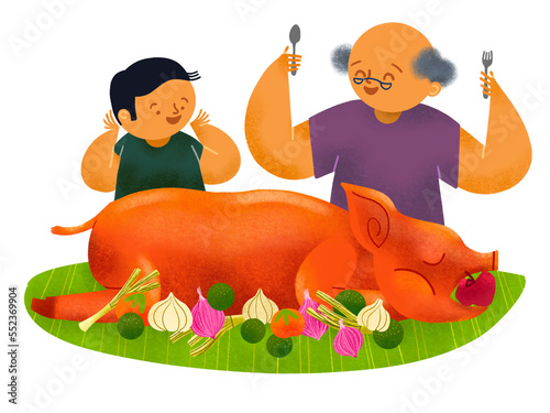 Quadro su tela Filipino grandfather and grandson eating lechon roasted pig
