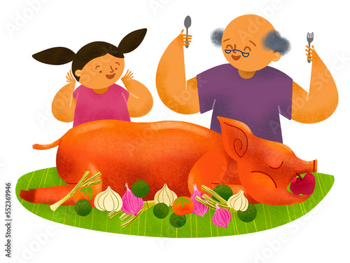 Foto Filipino grandfather and granddaughter eating lechon roasted pig