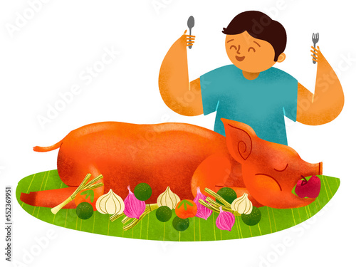 Filipino man eating lechon roasted pig