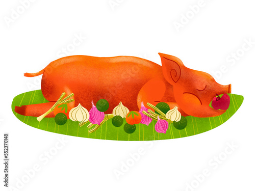 Filipino lechon roasted pig with vegetables on banana leaf