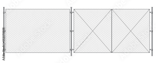 Metal wire fence and gate. Chain-link fence fragment with metallic pillars. Secured territory, protected area or prison fencing. Wire grid construction