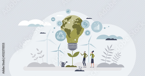ESG or environmental social governance finance investing tiny person concept. Corporate policies and standards with sustainable, green and nature friendly business strategies vector illustration.