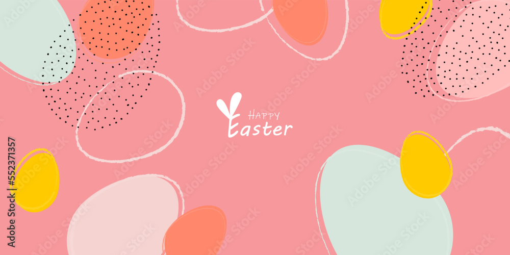 Happy Easter banner. Trendy Easter design with typography, hand drawn strokes and dots, eggs, pastel colors. Modern minimalistic style. Horizontal poster, postcard, header for website