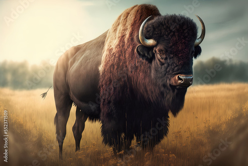 Print op canvas Captivating close-up of a bison in the midst of a field