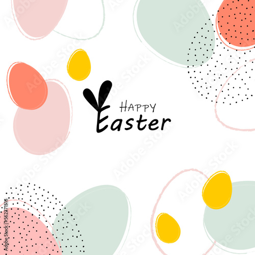 Happy Easter banner. Trendy Easter design with typography, hand drawn strokes and dots, eggs, pastel colors. Modern minimalistic style. Square poster, postcard, header for website