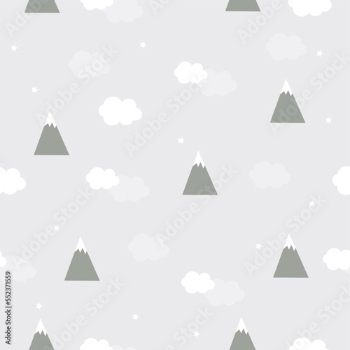Vector hand drawn modern pattern with mountains  clouds and stars in doodle style. Children s wallpaper with mountains in scandinavian style. For gift paper  packaging  textiles  clothing.