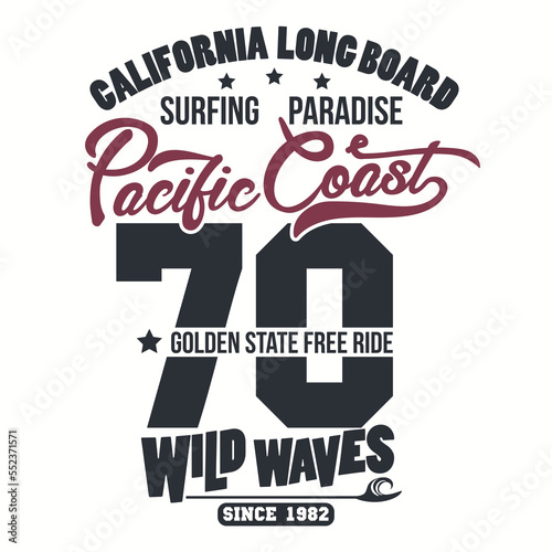 Surfing t-shirt graphic design. California surfers wear typography