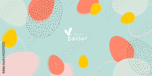 Happy Easter banner. Trendy Easter design with typography, hand drawn strokes and dots, eggs, pastel colors. Modern minimalistic style. Horizontal poster, postcard, header for website