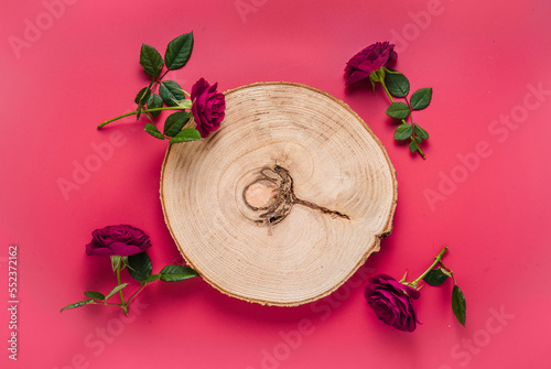 Fototapeta Naklejka Na Ścianę i Meble -  Wood podium saw cut of tree with red roses on vivid magenta background. Top view. Valentines Day. Trendy color 2023