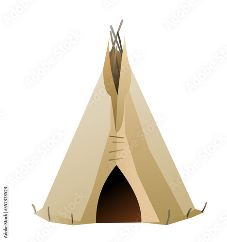 Indians wigwam hut made of felt and skins. North American tribal dwelling. Traditional home of nomadic peoples. Isolated on white background Vector.