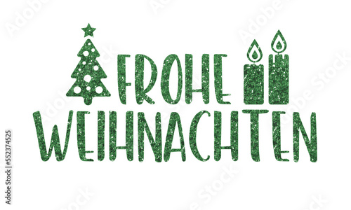 Frohe Weihnachten - banner mit Text und weihnachtlicher Dekoration - grün