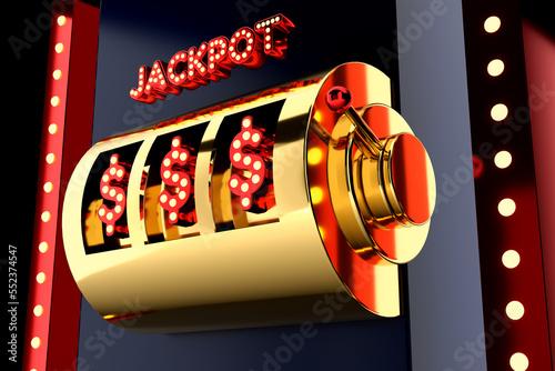 Golden slot machine with American Dollar Symbol Big win concept. Casino jackpot. 3D illustration.