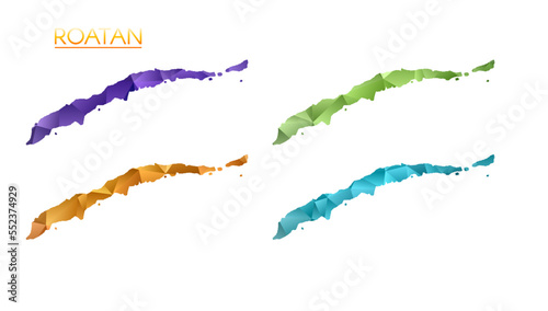 Set of vector polygonal maps of Roatan. Bright gradient map of island in low poly style. Multicolored Roatan map in geometric style for your infographics. Astonishing vector illustration.
