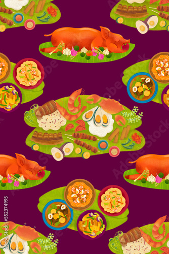 Filipino lechon roasted pig, boodle food fight spread, bulalo, pinakbet, pansit bihon, and pansit malabon on banana leaves on maroon background illustrated pattern photo