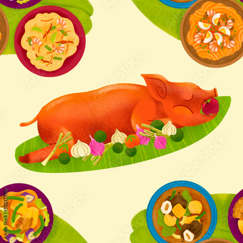Filipino lechon roasted pig, bulalo, pinakbet, pansit bihon, and pansit malabon on banana leaves on cream background illustrated pattern
