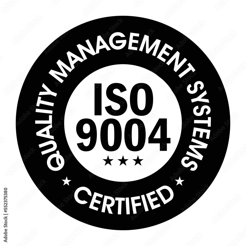 'quality management system certified, ISO 9004', Vector icon, black in color